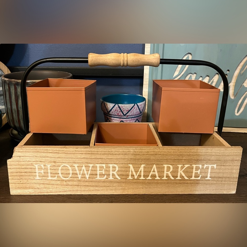 Brown Wooden Storage Caddy with Handle and Compartments